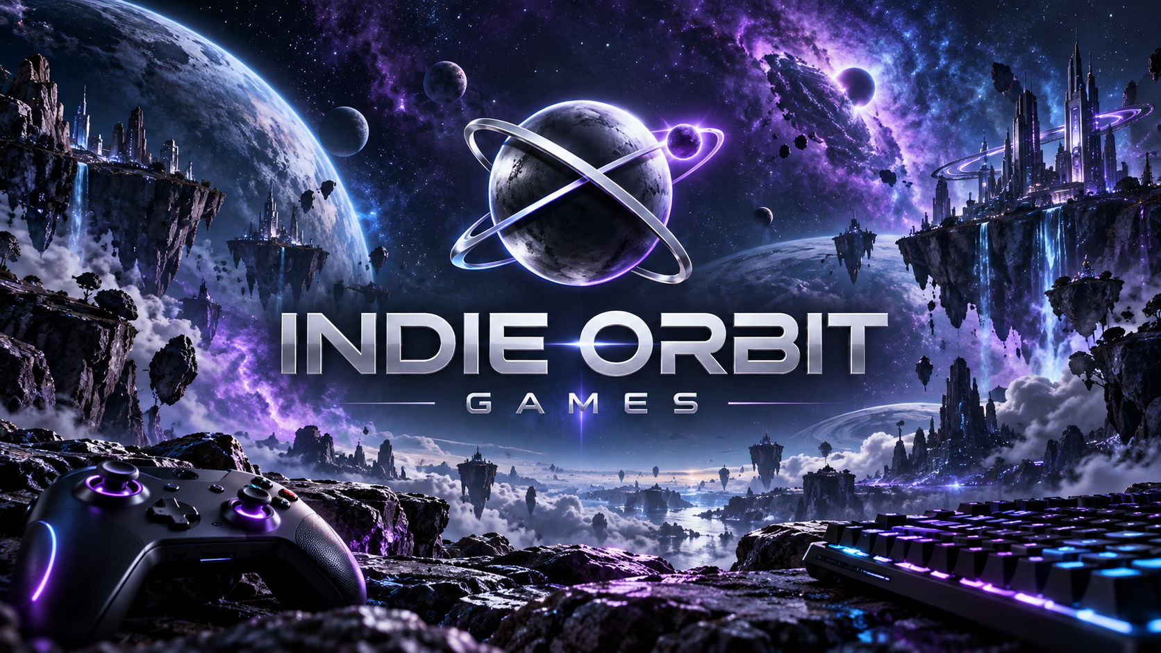 Indie Orbit Games: a silver ringed planet surrounded by violet galaxies, distant worlds, a controller and a keyboard